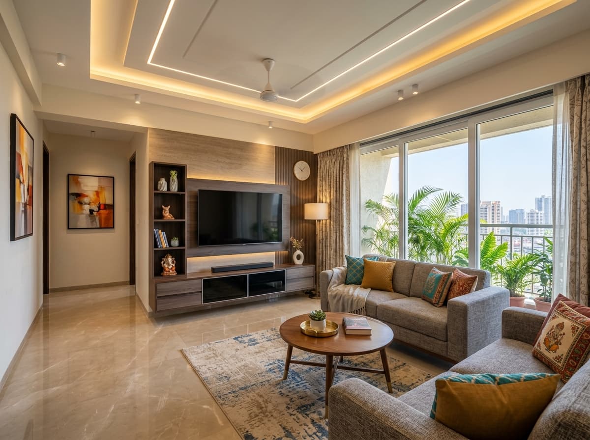 Sai Siddhi Living Room with POP False Ceiling and Vitrified Flooring
