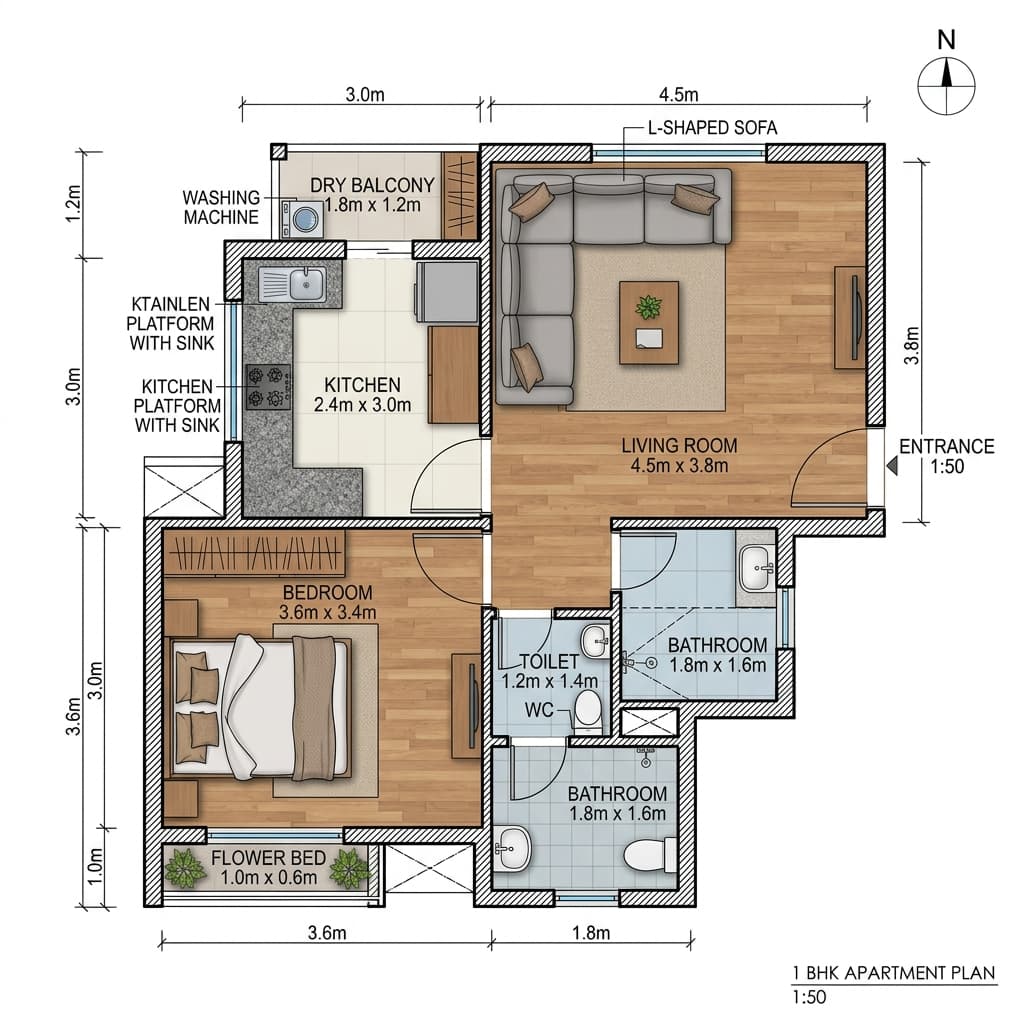 1 BHK 2D Furnished Layout · Living, Bed, Kitchen & Balcony