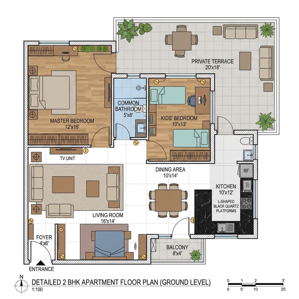 2 BHK 2D Furnished Layout · Living/Dining, 2 Beds & 2 Baths