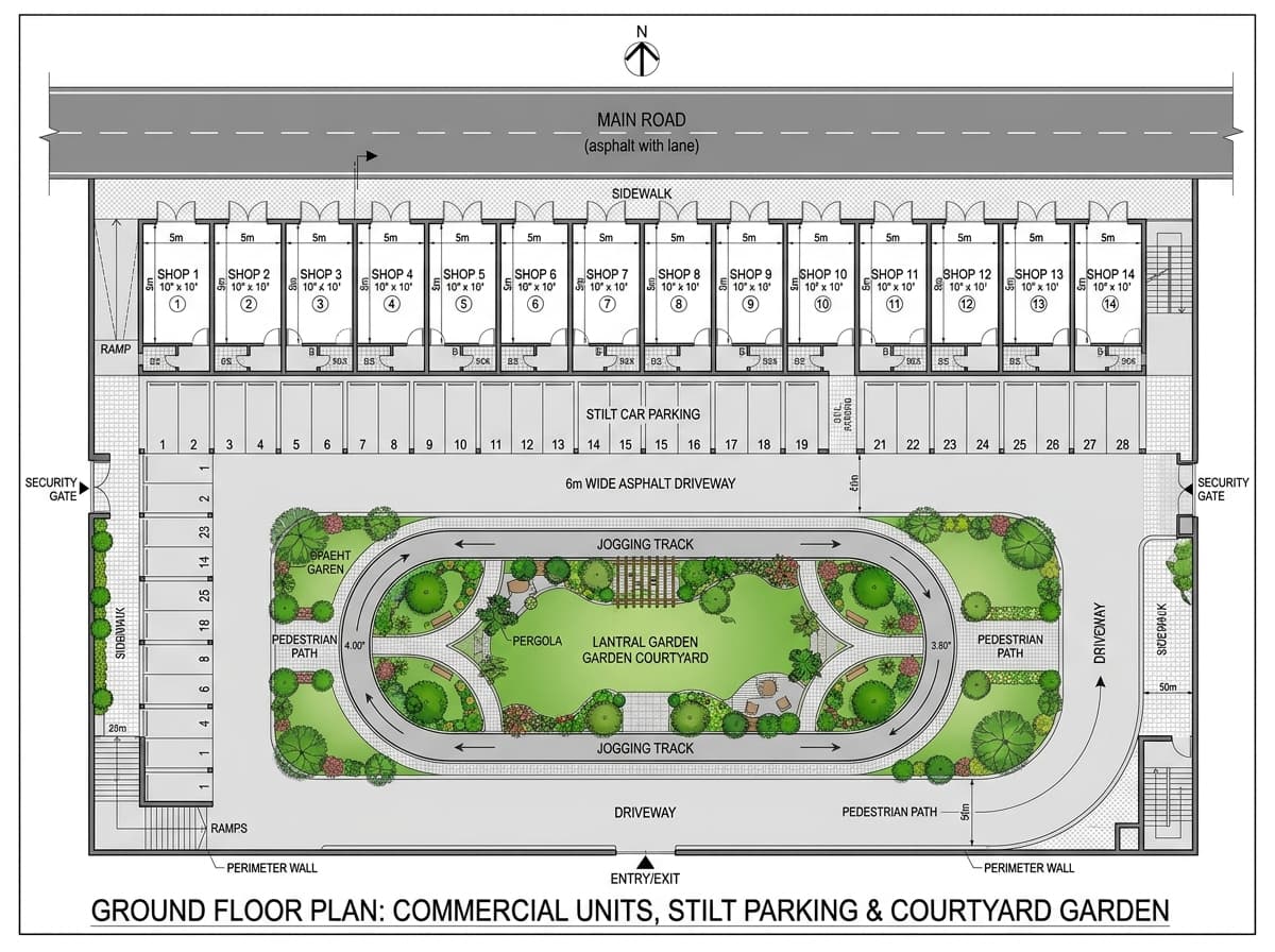 Ground Floor Retail Arcade Layout · Shops 1 to 14 & Parking